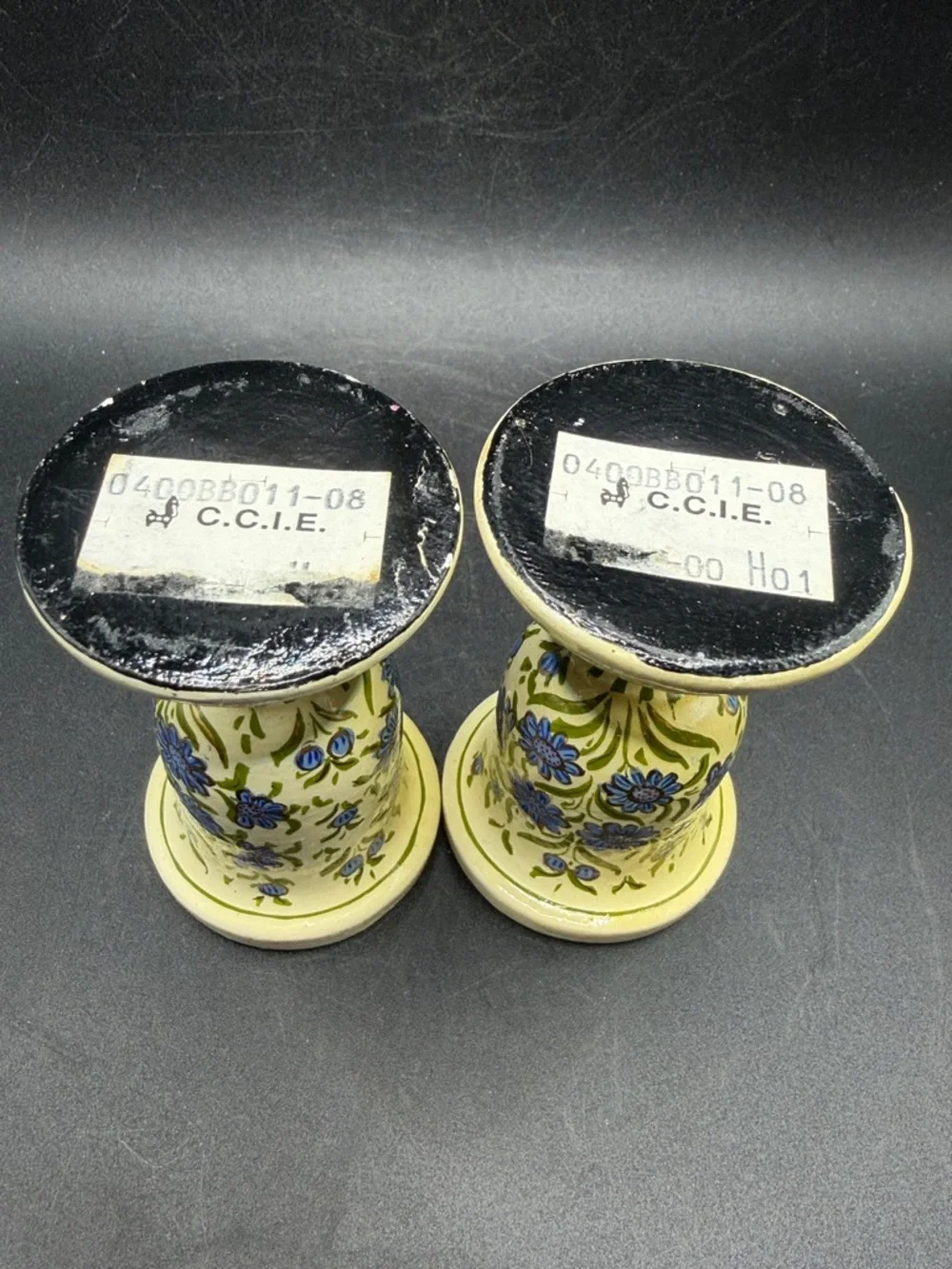 Pair Hand Painted Blue & Gold Tone Floral Flower Candlesticks Candle Holders